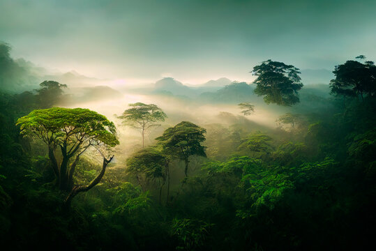 Misty jungle rainforest from above in the morning. Tropical forest with sun rays and fog. Aerial view. Nature landscape wallpaper background.