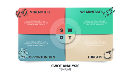 Colorful marketing infographic template designed with vector icons and editable SWOT Analysis concept text box in four elements for a business plan. The presentation layout in round color paper style.