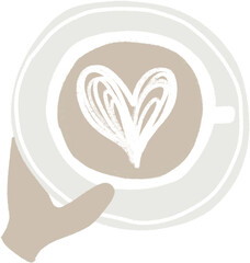 Hand holding cappuccino cup with heart shaped foam.