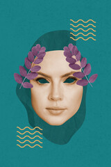 Vertical collage image of girl face mask flower leaves isolated on painted creative background