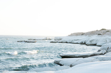 landscape of White stones cave cliff rocks in Limassol Cyprus with blue sea, bright and clean