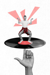 Vertical collage image of big human arm finger hold vinyl record dancing little guy black white colors isolated on painted background