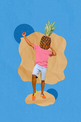 Collage photo of young headless abstract absurd creative man wear pineapple fruit posing showing...