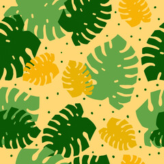 A simple pattern of monstera. Yellow background, green and orange leaves monstera . The print is well suited for textiles, Wallpaper, banner and packaging.