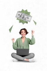 Vertical collage portrait of delighted happy girl raise fists celebrate achievement hundred dollars...