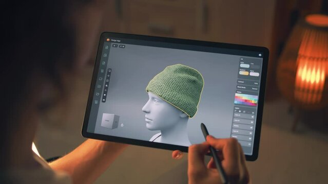 Young male 3D designer working remotely on 3D visualization of clothes in design app using digital tablet computer and stylus