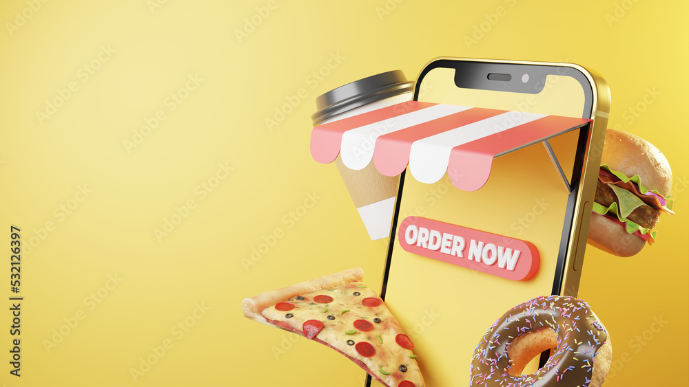 Poster 3d illustration online food order delivery on mobile with pizza, and burger