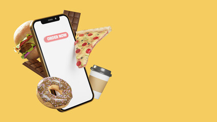 3d illustration online food order delivery on mobile with pizza, and burger