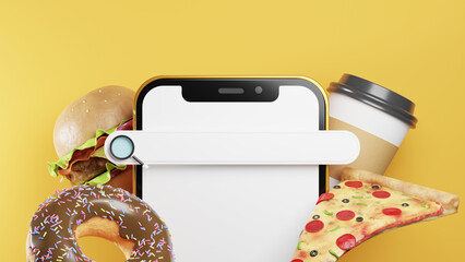 3d illustration online food order delivery on mobile with search engine, pizza, and burger