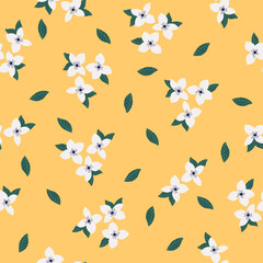 Simple vintage pattern. white flowers. green leaves. green background. Fashionable print for textiles and wallpaper.