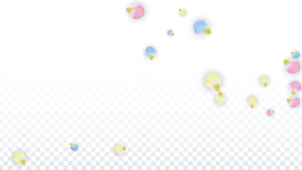 Vector Realistic Colorful Petals Falling on Transparent Background.  Spring Romantic Flowers Illustration. Flying Petals. Sakura Spa Design. Blossom Confetti. Design Elements for Wedding Decoration.