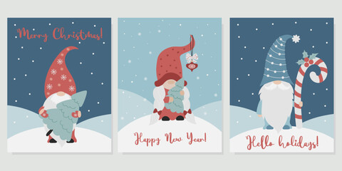 Christmas cards with scandinavian gnomes. Cute gnome girl and bearded New Years gnome with Christmas tree, toys and caramel stick. Vector illustration. Collection Colored greeting cards.