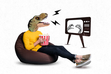 Composite collage of person dinosaur head sitting beanbag eat popcorn watch tv isolated on creative...