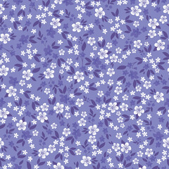 Simple vintage pattern. white flowers. purple leaves. lilac background. Fashionable print for textiles and wallpaper.