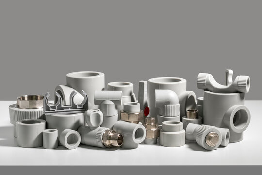 Many PVC pipe fittings on the table.