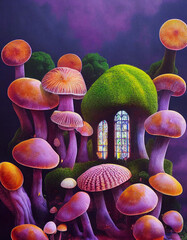 Amazing cute cartoon mushroom house on a meadow in the midst of magical forest. Fantasy meadow with colorful mushroom houses