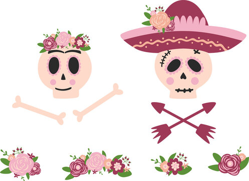 PNG, Transparent, Day Dead Skull Woman And Man Set. Mexican Skull Flower Sombrero. Dia De Los Muertos Skull. Symbol Of Day Dead Isolated PNG Illustration. Cute Skull Graphic Element Pink Floral Spo