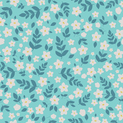 Simple vintage pattern. white flowers. blue leaves. light blue background. Fashionable print for textiles and wallpaper.