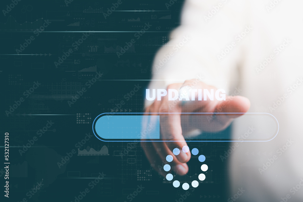 Wall mural man pushing software update button, technology information update and upgrade concept, online progra