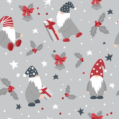 Cute Christmas pattern with dwarfs, Christmas bells and gifts. Seamless pattern.