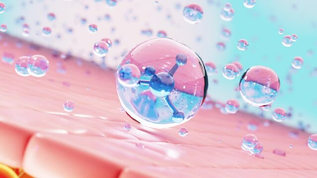 Molecule collagen inside Transparent liquid bubble on soft background, concept skin care cosmetics solution