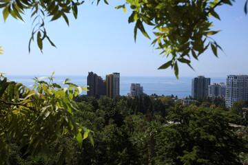 Fototapeta na wymiar new beautiful high-rise buildings on the seashore among greenery 