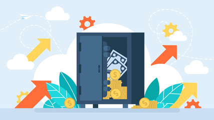 Small safe front view. Opened with money inside. Metal bank safe vector icon in a flat style. Secure boxes with code locks. Gold and money protection. Flat style. Illustration
