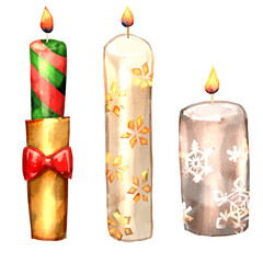 火がついているクリスマスキャンドルの水彩風背景透過イラストセット