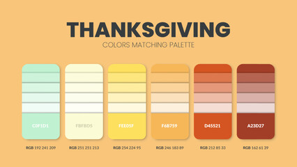 Thanksgiving color scheme. Color Trends combinations and palette guide. Example of table color shades in RGB and HEX. Color swatch for fashion, home, interiors design 2022. Colour chart idea vector.
