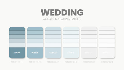 Wedding color scheme. Color Trends combinations and palette guide. Example of table color shades in RGB and HEX. Color swatch for fashion, home, interiors design 2022. Colour chart idea vector.