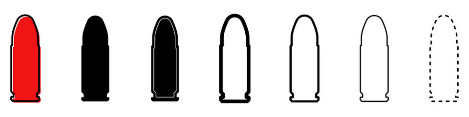 Bullet icon. Set of different icons of military cartridge. Bullet or patron silhouette. Vector illustration. Black sign