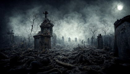 Fototapeta na wymiar Night scene with creepy church and ghost. Digital art for Halloween.