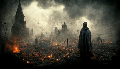 Grim reaper with haunted, creepy graveyard.Digital art - obrazy, fototapety, plakaty