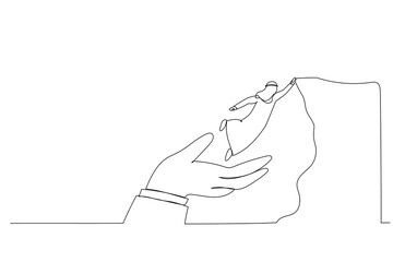 Cartoon of confidence arab businessman jumping from helping giant hand to reach cliff target. Metaphor for business support to success. Single continuous line art style