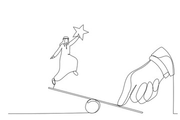 Illustration of giant thumb helping arab businessman to jump on seesaw. One line art style