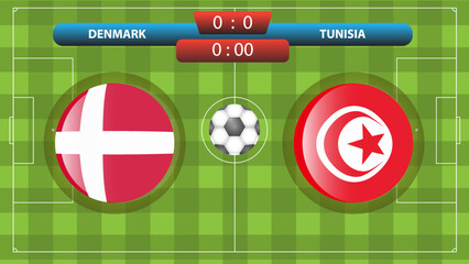 Announcement of the match between the Denmark vs Tunisia as part of the international soccer competition. Vector illustration. Sport template.