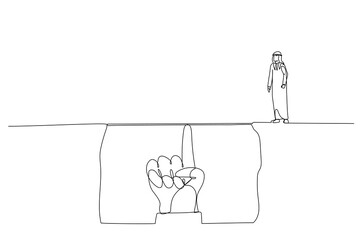 Cartoon of giant hand helping small arab businessman, metaphor for opportunity, challenge, leadership. Continuous line art