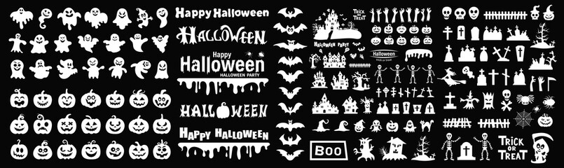 Big set of silhouettes of Halloween on a black background. Vector illustration