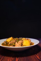 Meat stew on your plate on a wooden background. world food day concept.