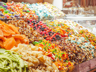 Travel to Turkey. Close up Sweets at the Grand Bazaar in Istanbul. The historical market is a popular tourist destination 