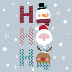 Cute Christmas card design with Santa Claus, reindeer, text ho ho ho and snowman.