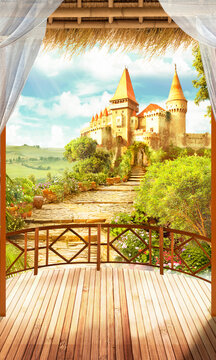 The road leading to the old castle. Photo wallpapers. The fresco.