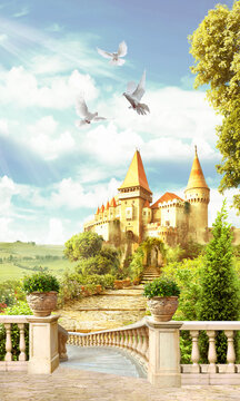 Digital illustration, the old town in an open field. Wallpaper on the wall. The fresco.