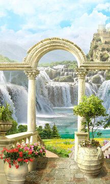 Digital illustration, a terrace with an arch and columns overlooking a picturesque waterfall. Wallpaper on the wall. The fresco.