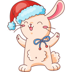PNG Christmas rabbit with santa hat adorable cartoon character illustration on transparent background. Isolated graphic for web, print, sticker.