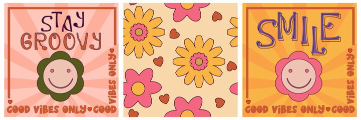 Retro groovy poster set, hippy design 70s. Modern groovy poster with flower and wave. Retro 60s 70s psychedelic pattern. Vintage floral background.