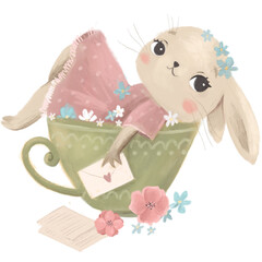 Illustration of a cute bunny. Baby girl bunny with a letter