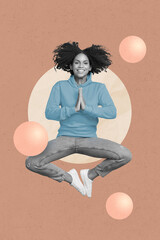 Vertical collage picture of positive girl black white gamma flying meditate isolated on drawing...