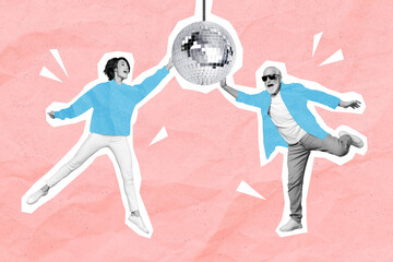 Creative 3d collage poster postcard of two person different generation grandpa granddaughter enjoy party isolated on drawing background