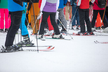Slovakia, Jasna - February 4, 2022: people in line to ski chair lift